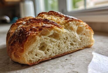 A close-up of a freshly baked Italian bread loaf cut in half, showcasing its golden, crusty exterior and airy, open crumb structure.