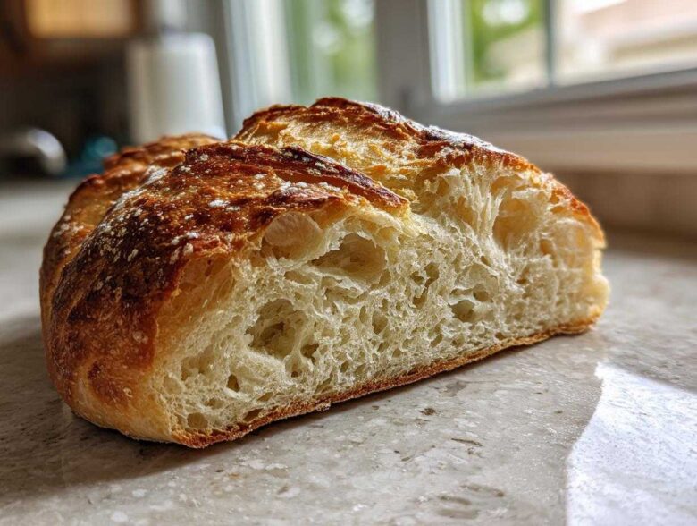 A close-up of a freshly baked Italian bread loaf cut in half, showcasing its golden, crusty exterior and airy, open crumb structure.