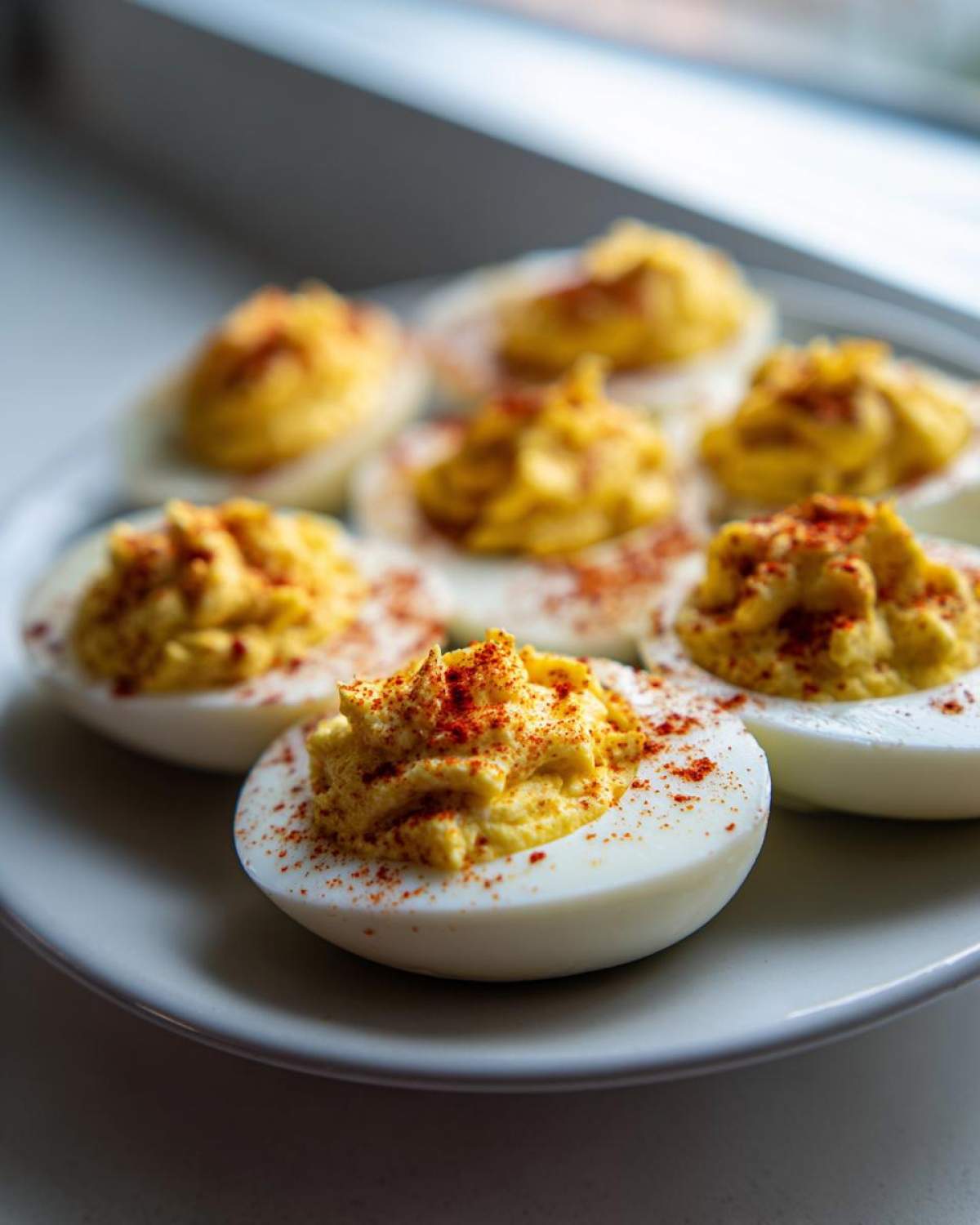 A plate of freshly made deviled eggs, topped with creamy filling and sprinkled with bright red paprika.