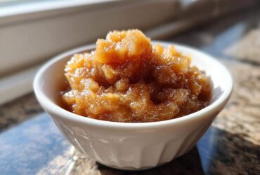 A close-up of chunky, homemade applesauce seasoned with cinnamon in a small white bowl.