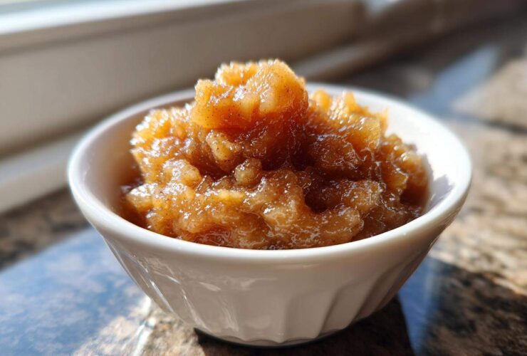 A close-up of chunky, homemade applesauce seasoned with cinnamon in a small white bowl.