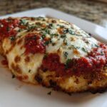 Close-up of a breaded chicken fillet topped with melted mozzarella, rich tomato sauce, and fresh parsley for Easy chicken Parmesan.