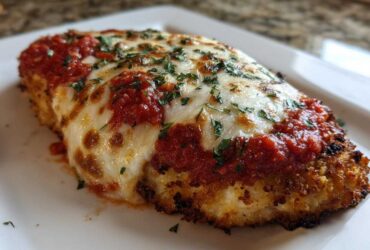 Close-up of a breaded chicken fillet topped with melted mozzarella, rich tomato sauce, and fresh parsley for Easy chicken Parmesan.