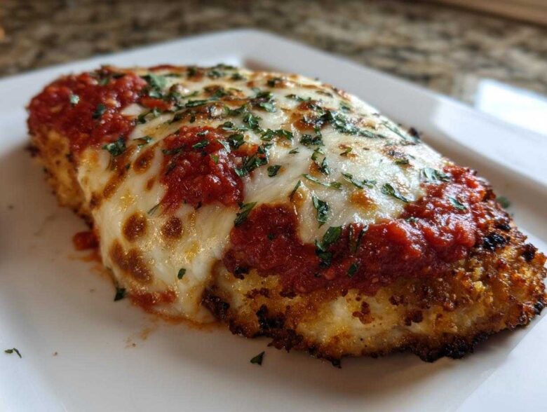 Close-up of a breaded chicken fillet topped with melted mozzarella, rich tomato sauce, and fresh parsley for Easy chicken Parmesan.