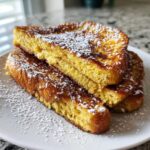 Close-up of thick, golden-brown slices of easy french toast stacked on a white plate, dusted heavily with powdered sugar.