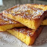 Three thick slices of golden brown easy french toast stacked on a white plate and dusted generously with powdered sugar.