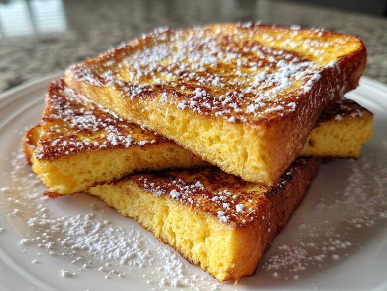 Three thick slices of golden brown easy french toast stacked on a white plate and dusted generously with powdered sugar.
