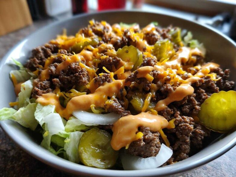 A close-up view of a hearty cheeseburger bowl featuring seasoned ground beef, shredded cheese, pickles, and special sauce over lettuce.