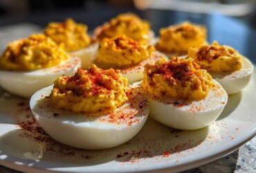 Close-up of several perfectly prepared deviled eggs sprinkled heavily with bright red paprika on a white plate.