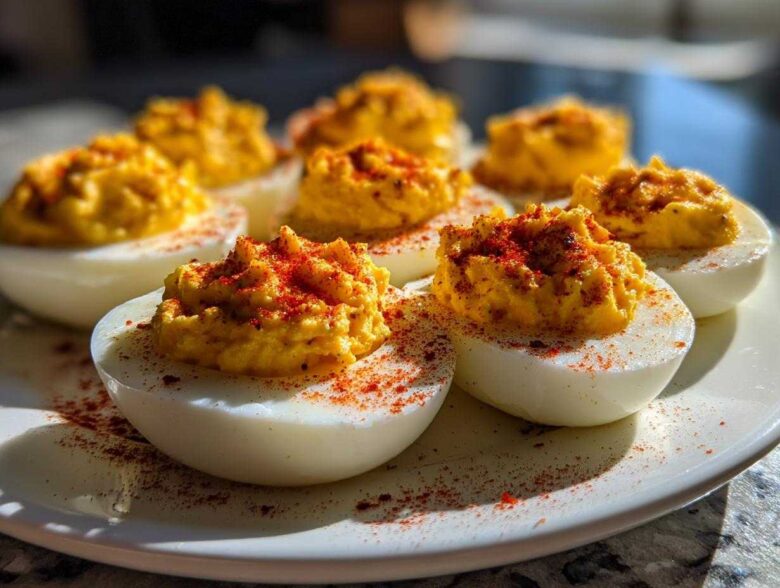 Close-up of several perfectly prepared deviled eggs sprinkled heavily with bright red paprika on a white plate.