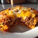 A close-up serving of Dorito Casserole featuring layers of seasoned ground beef and melted cheddar and Monterey Jack cheese.