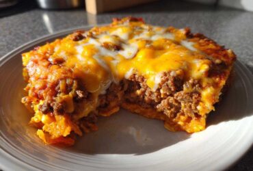 A close-up serving of Dorito Casserole featuring layers of seasoned ground beef and melted cheddar and Monterey Jack cheese.
