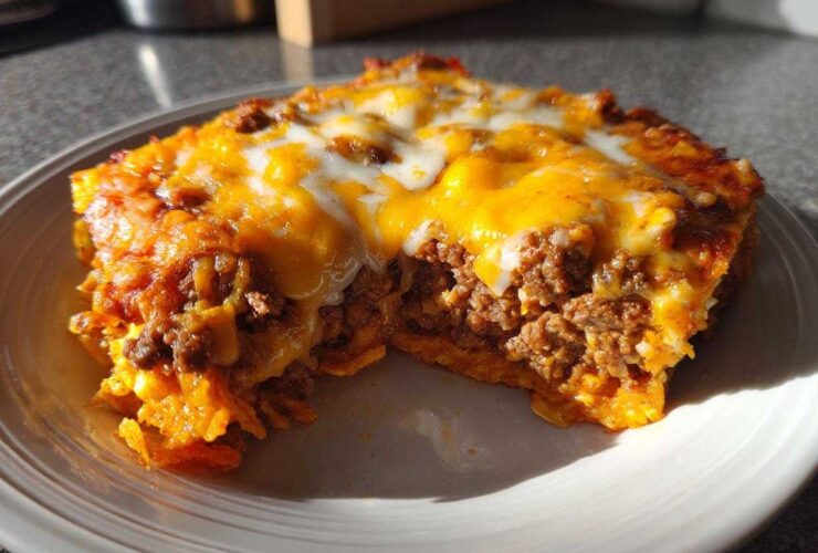 A close-up serving of Dorito Casserole featuring layers of seasoned ground beef and melted cheddar and Monterey Jack cheese.