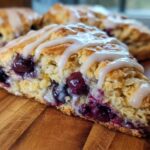 A close-up view of a moist, flaky blueberry scone drizzled with white icing, sitting on a wooden board.