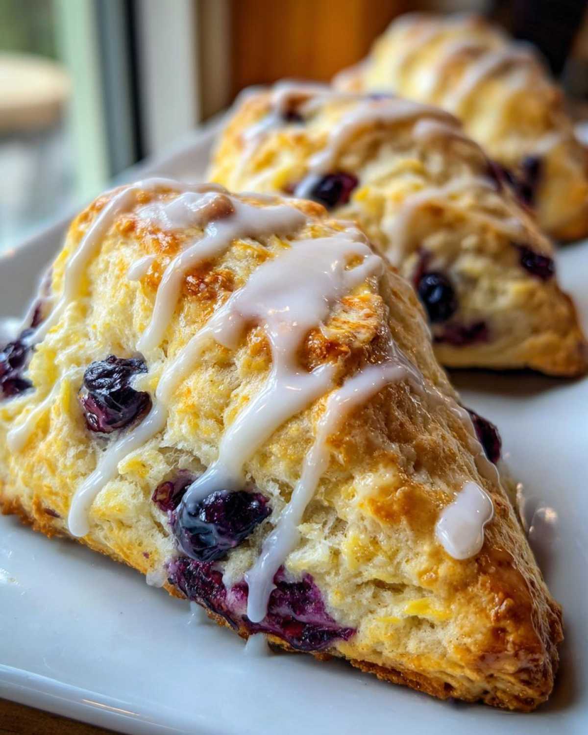 Close-up of a flaky blueberry scone drizzled with white icing, sitting on a white plate.