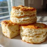 Three tall, flaky buttermilk biscuits stacked on a white plate, catching bright sunlight.