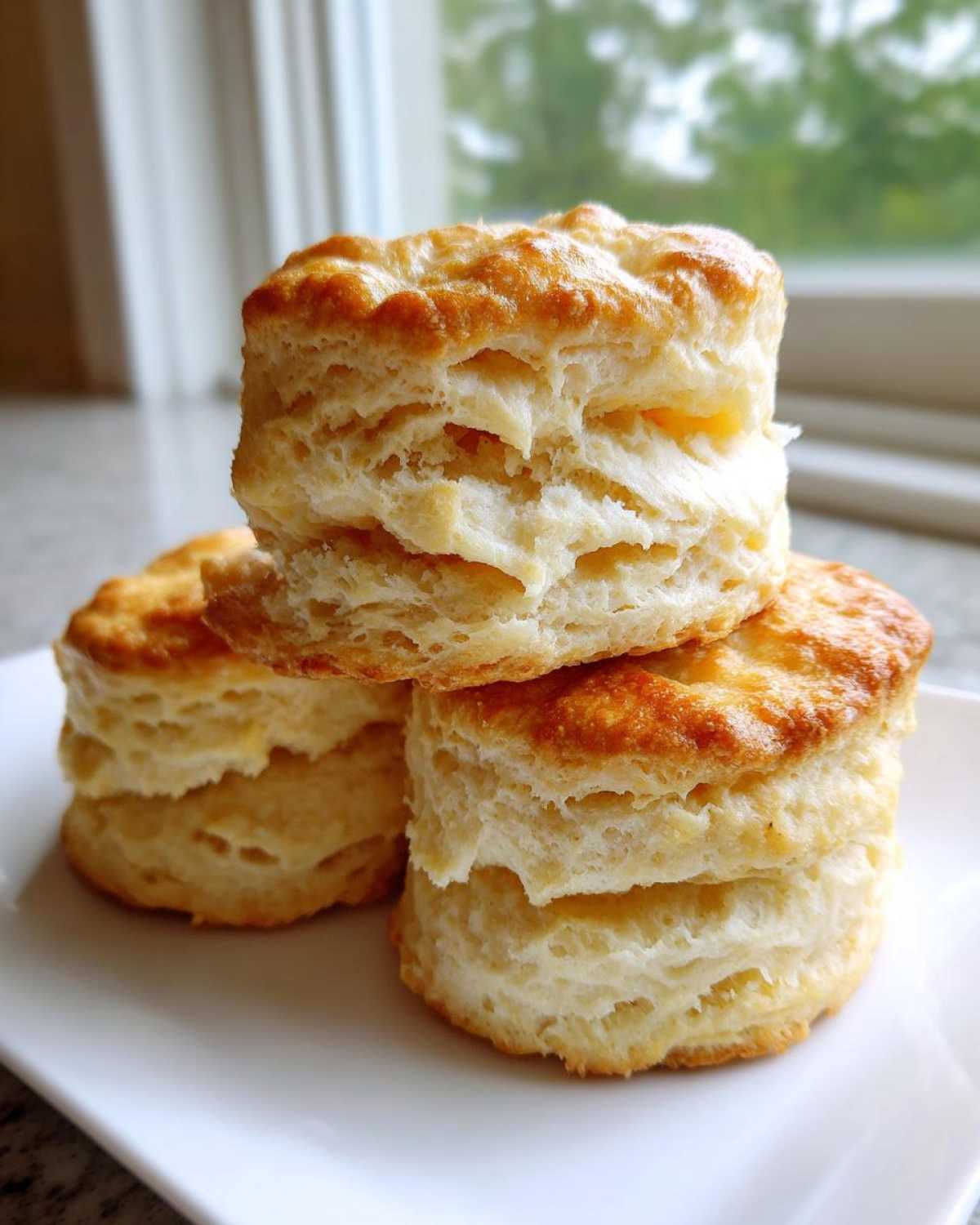 Three tall, flaky buttermilk biscuits stacked on a white plate near a window.
