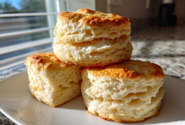 Three tall, flaky buttermilk biscuits stacked on a white plate, catching bright sunlight.