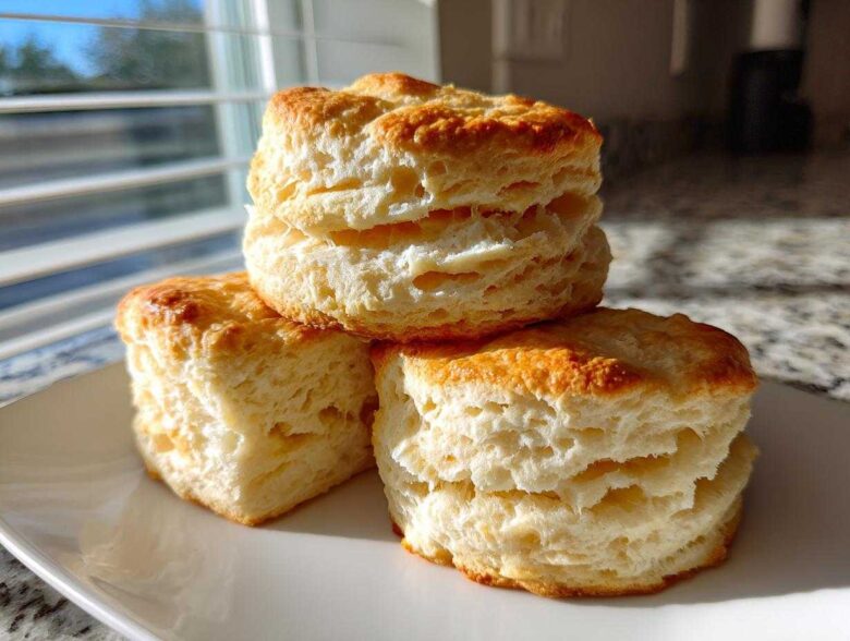 Three tall, flaky buttermilk biscuits stacked on a white plate, catching bright sunlight.