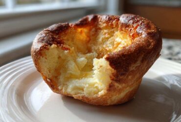 A close-up of a golden brown, tall yorkshire pudding with a bite taken out, showing its fluffy interior.