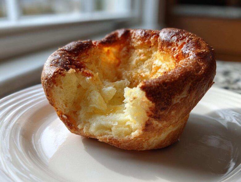 A close-up of a golden brown, tall yorkshire pudding with a bite taken out, showing its fluffy interior.