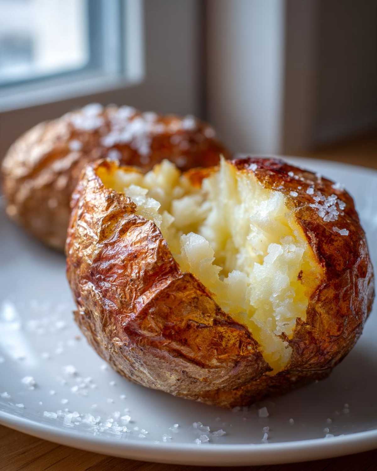 Close-up of a fluffy air fryer baked potato, split open and sprinkled with coarse sea salt.
