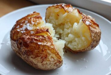 A perfectly cooked air fryer baked potato split open showing fluffy interior and crispy skin topped with coarse sea salt.