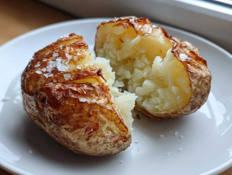 A perfectly cooked air fryer baked potato split open showing fluffy interior and crispy skin topped with coarse sea salt.