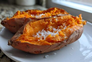 Close-up of a perfectly baked sweet potato, split open and topped with flaky sea salt.