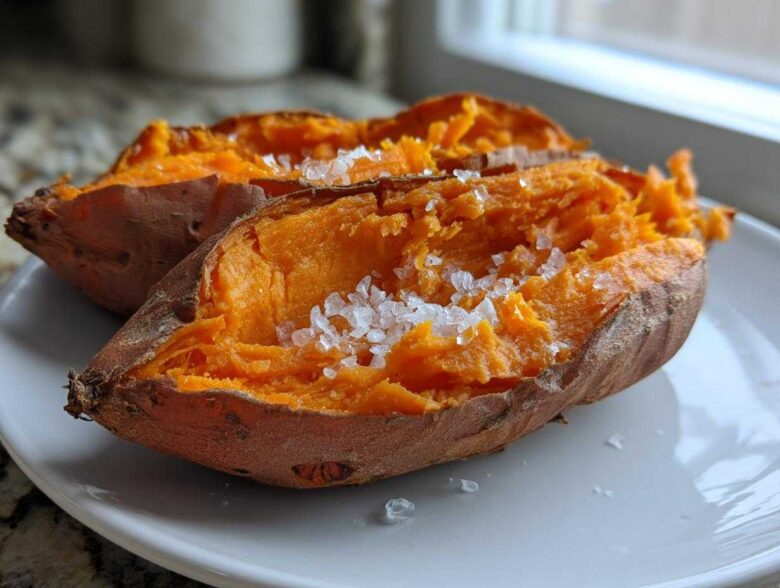 Close-up of a perfectly baked sweet potato, split open and topped with flaky sea salt.