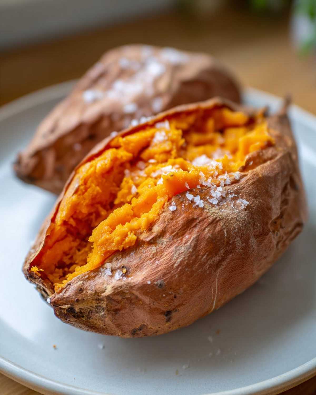 Close-up of a perfectly baked sweet potato, split open to show fluffy orange flesh topped with coarse sea salt.