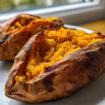 Two perfectly baked sweet potatoes, split open to show the fluffy, seasoned orange interior.