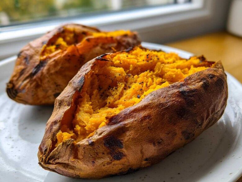 Two perfectly baked sweet potatoes, split open to show the fluffy, seasoned orange interior.