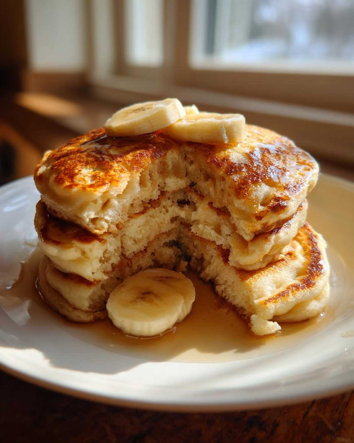 A cross-section view of fluffy banana pancakes stacked high, drizzled with syrup and topped with banana slices.