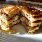 Close-up of a fluffy stack of banana pancakes cut in half, showing the moist interior texture.