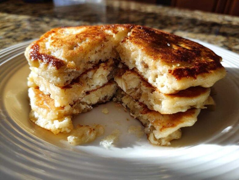 Close-up of a fluffy stack of banana pancakes cut in half, showing the moist interior texture.