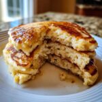 Close-up of a fluffy stack of banana pancakes with a bite taken out, drizzled with syrup.