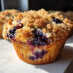 Close-up of a fluffy blueberry muffin topped with golden brown streusel, showing baked blueberries.