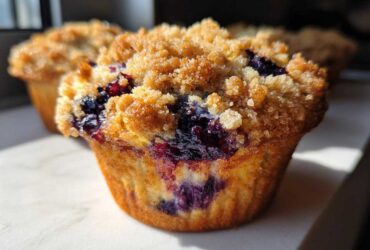 Close-up of a fluffy blueberry muffin topped with golden brown streusel, showing baked blueberries.