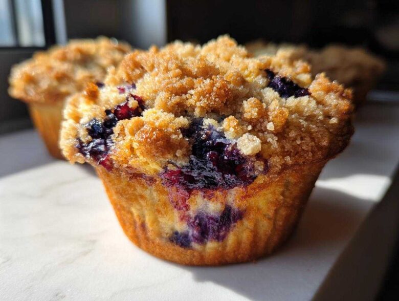 Close-up of a fluffy blueberry muffin topped with golden brown streusel, showing baked blueberries.
