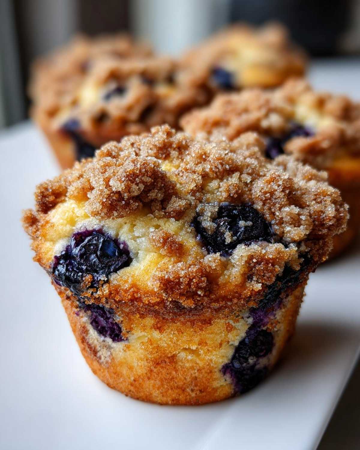 Close-up of a fluffy blueberry muffin topped with brown sugar streusel, showing juicy blueberries.