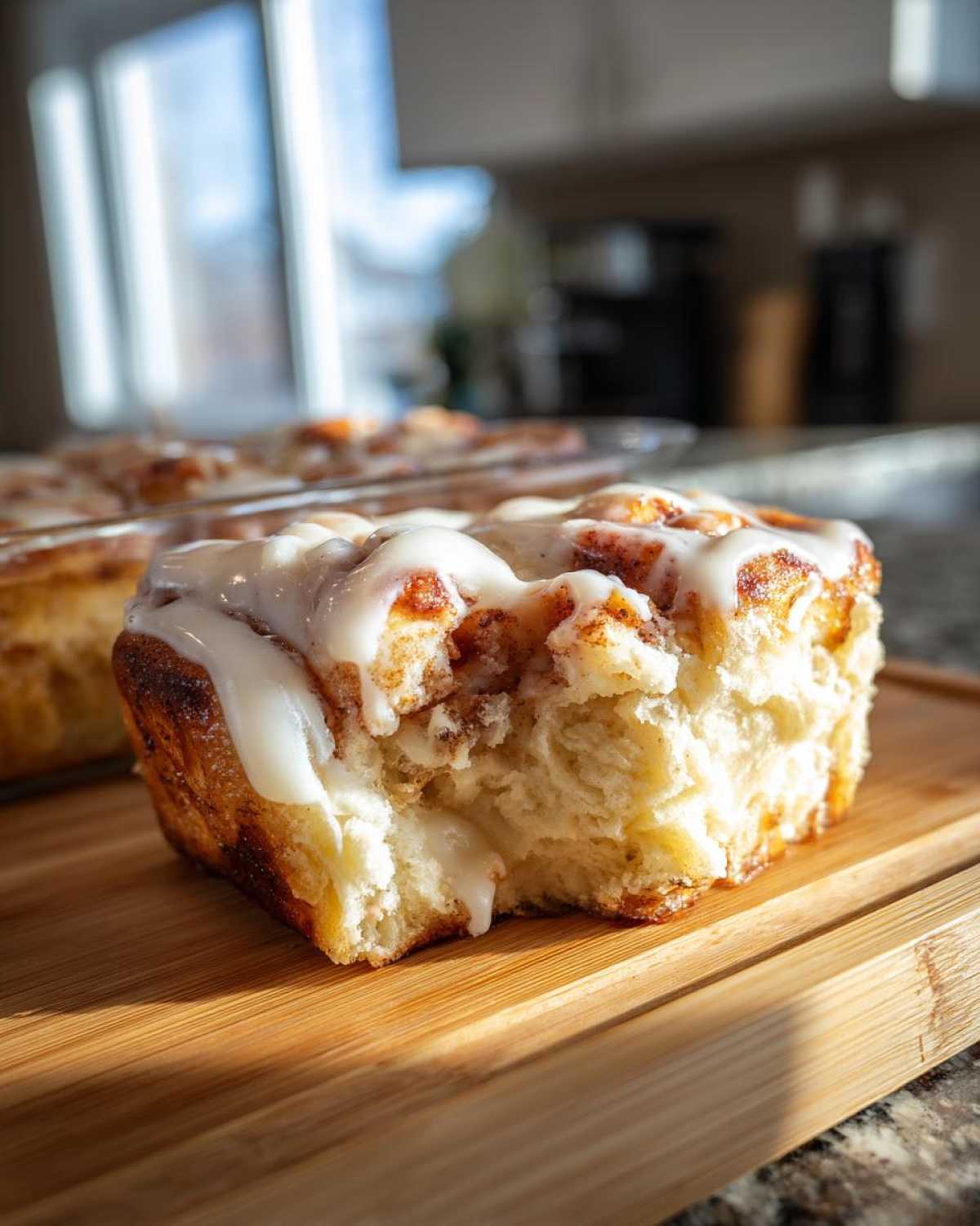 A close-up of a square piece of fluffy cinnamon roll casserole with white icing, showing a bite taken out.