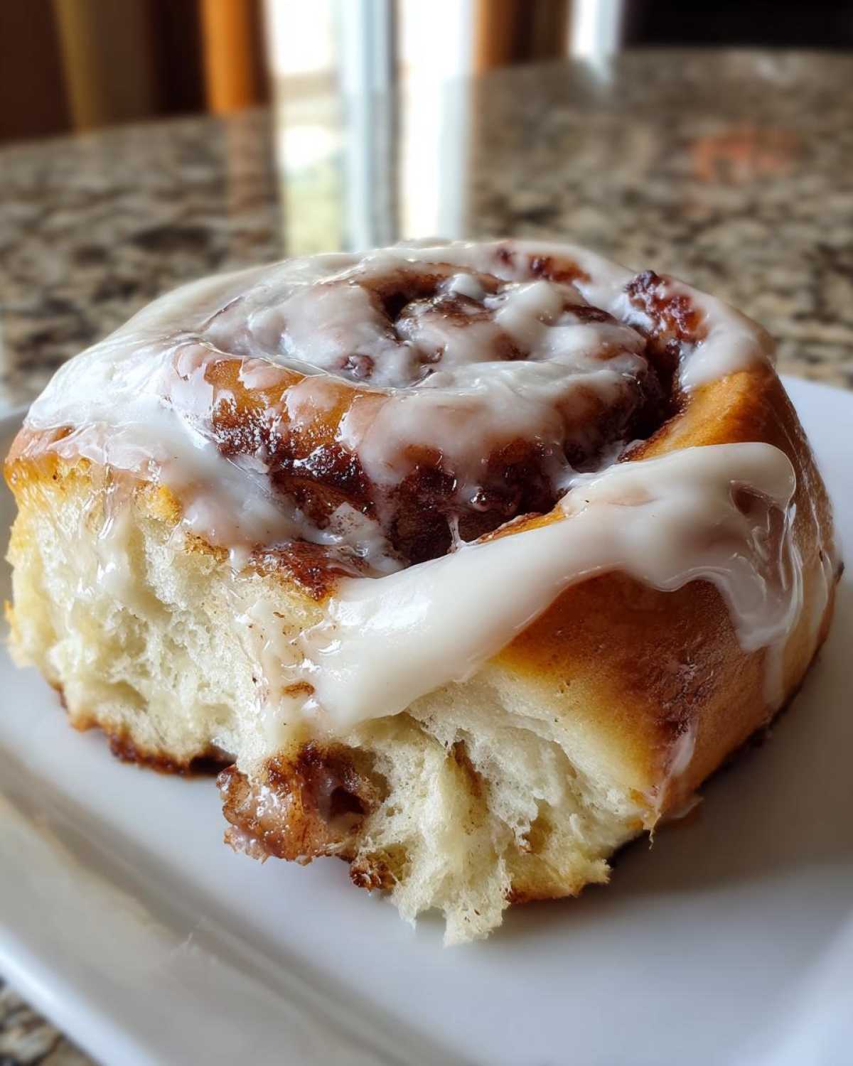 A close-up shot of a single, fluffy cinnamon roll generously topped with white cream cheese icing.