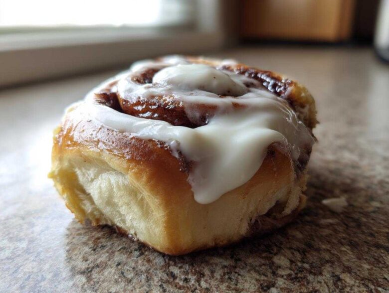 A close-up, low-angle shot of a single, freshly baked cinnamon roll topped with thick white icing.