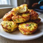 A stack of golden brown, savory egg bites with visible bits of ham and green herbs, one is broken open.