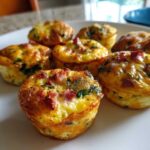 Close-up of several golden brown Egg Muffin Cups topped with bacon bits and green herbs on a white plate.