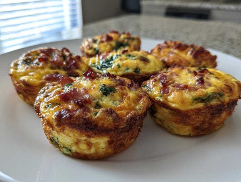 A close-up of six golden-brown Egg Muffin Cups topped with crispy bacon and visible spinach on a white plate.