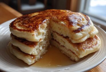 A stack of three fluffy greek yogurt pancakes, cut open to show the soft interior, drizzled with syrup.