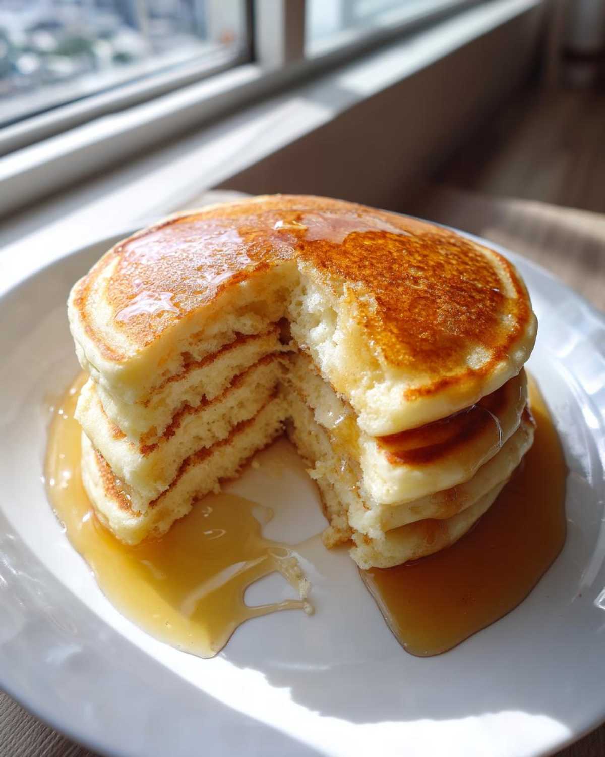 A tall stack of fluffy old-fashioned pancakes with a piece cut out, drizzled generously with golden syrup on a white plate.