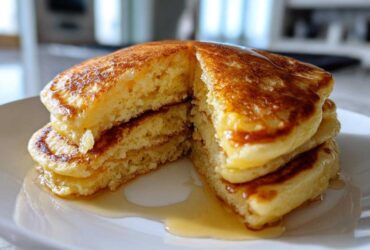 Close-up of a stack of fluffy old-fashioned pancakes cut in half, drizzled generously with maple syrup.